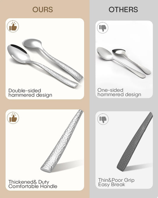 20-Piece Silverware Set, Ollex Stainless Steel Hammered Flatware Cutlery Set for 4, Mirror Polished Kitchen Utensils included Silver Knives Spoons and Forks Set Dishwasher Safe