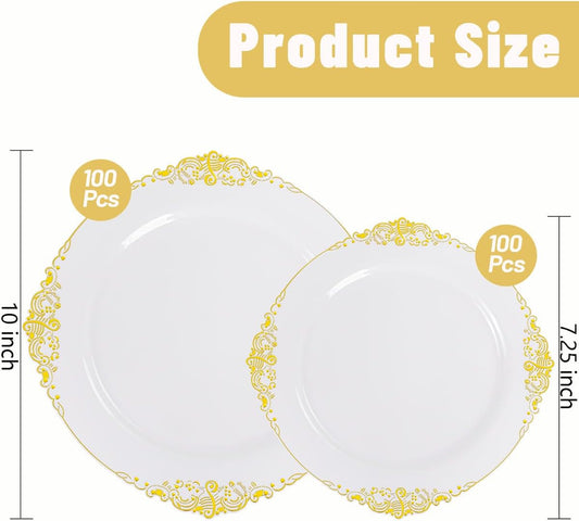 200PCS White and Gold Plates - Gold Plastic Plates - Fancy Disposable Plate - Gorgeous Christmas Dinner & Dessert Plate for 100 Guests for Wedding & Thanksgiving Party