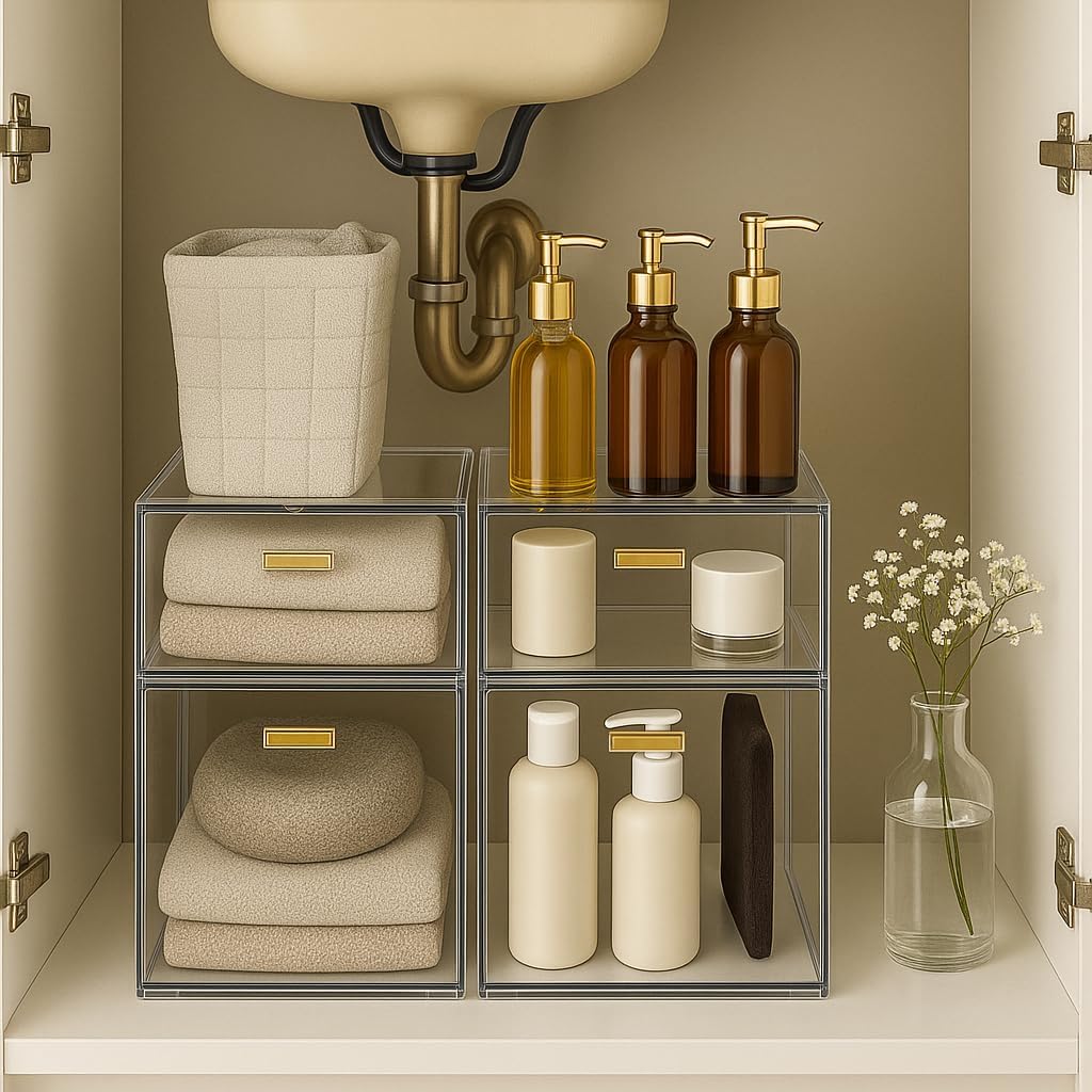 4 Pack Stackable Clear Acrylic Storage Drawers with Golden Handles, Plastic Drawer Organizers for Makeup, Kitchen, Bathroom, Office, Under Sink & Cabinet Organization(6.7"D x 10.6"W x 12"H)