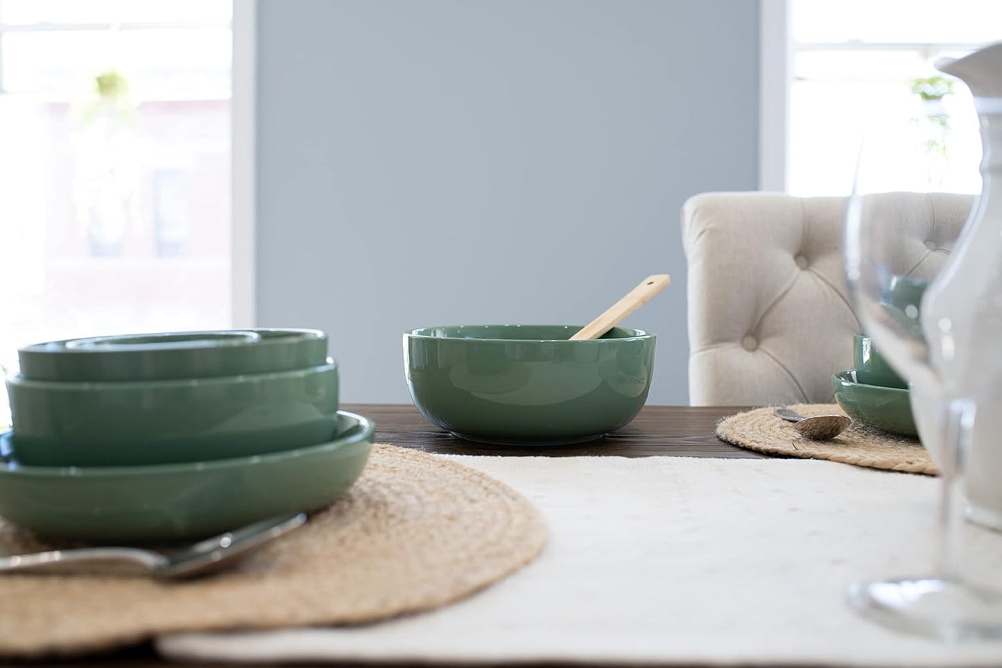 Elanze Designs Bistro Glossy Ceramic 8.5 inch Large Serving Bowls Set of 2 - Perfect for Multiple Everyday Uses: Pasta, Salad, Ramen, Soup, Popcorn, Noodles, Cereal and Mixing Bowls, Sage Green