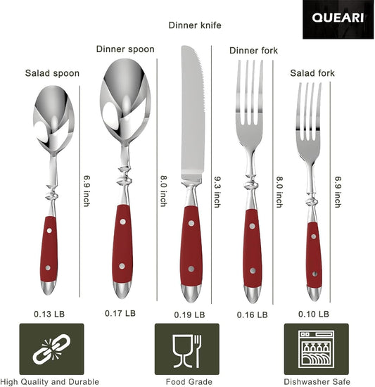 5-Piece Silverware Set Stainless Steel Flatware Set Service for 1 Vintage Cutlery Set with Red Color Bakelite Handle Dishwasher Safe