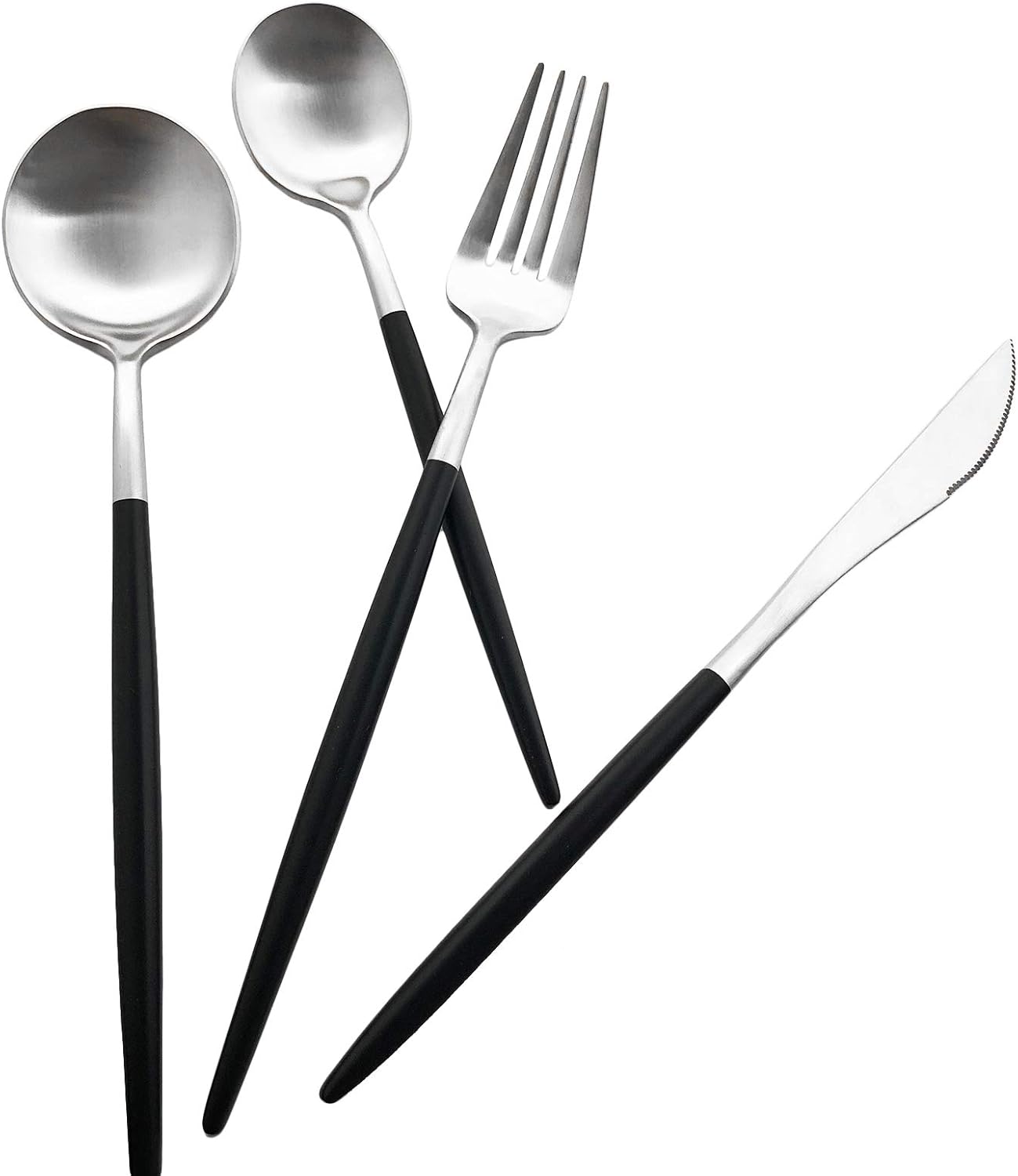 Matte Silverware Set, 20-Piece 18/10 Stainless Steel Satin Finish Flatware Set Service for 4, Kitchen Utensil Set, Tableware Cutlery Set for Home Restaurant (Black Handle Silver, 20-Piece)