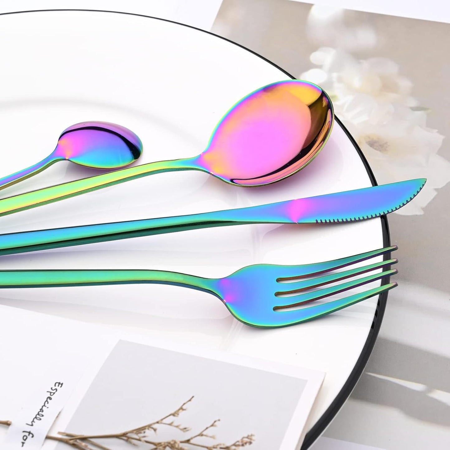 24-Piece Mirror Rainbow Cutlery Set, Snplowum Stainless Steel Flatware Hanging Tableware Silverware Set Include Knife/Fork/Spoon/Teaspoon and Storage Rack For Daily Use, Service For 6