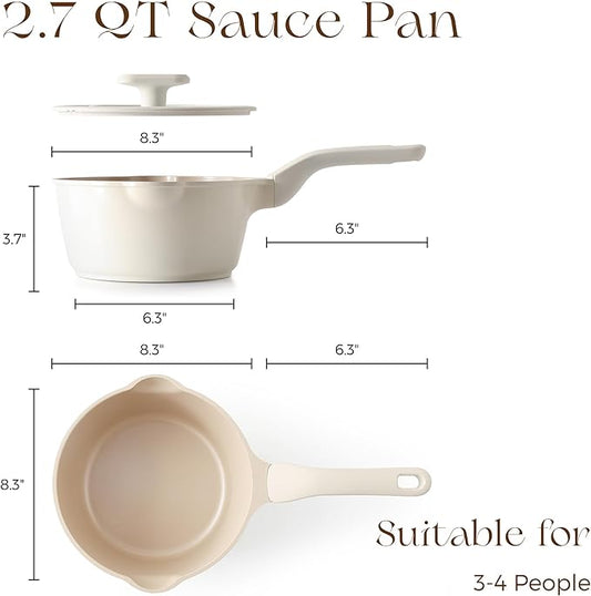 PRICUSIS Ceramic Nonstick Saucepan with Lid, 2.7 Quart Non Toxic Pot with Pour Spouts, Full Coated, 100% Dishwasher Safe, Induction Compatible & Oven Safe, PTFE PFAS & PFOA Free, Coconut White