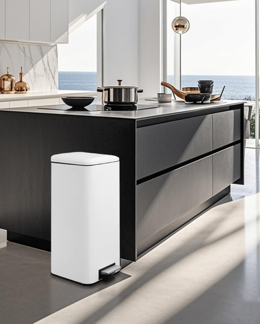 8 Gallon Square Trash Can with Lid, White Kitchen Trash Can with Soft Close, InnerBucket & Steel Pedal, Stainless Steel Garbage Can for Kitchen, Laundry Room, Office, Bathroom, Dorm