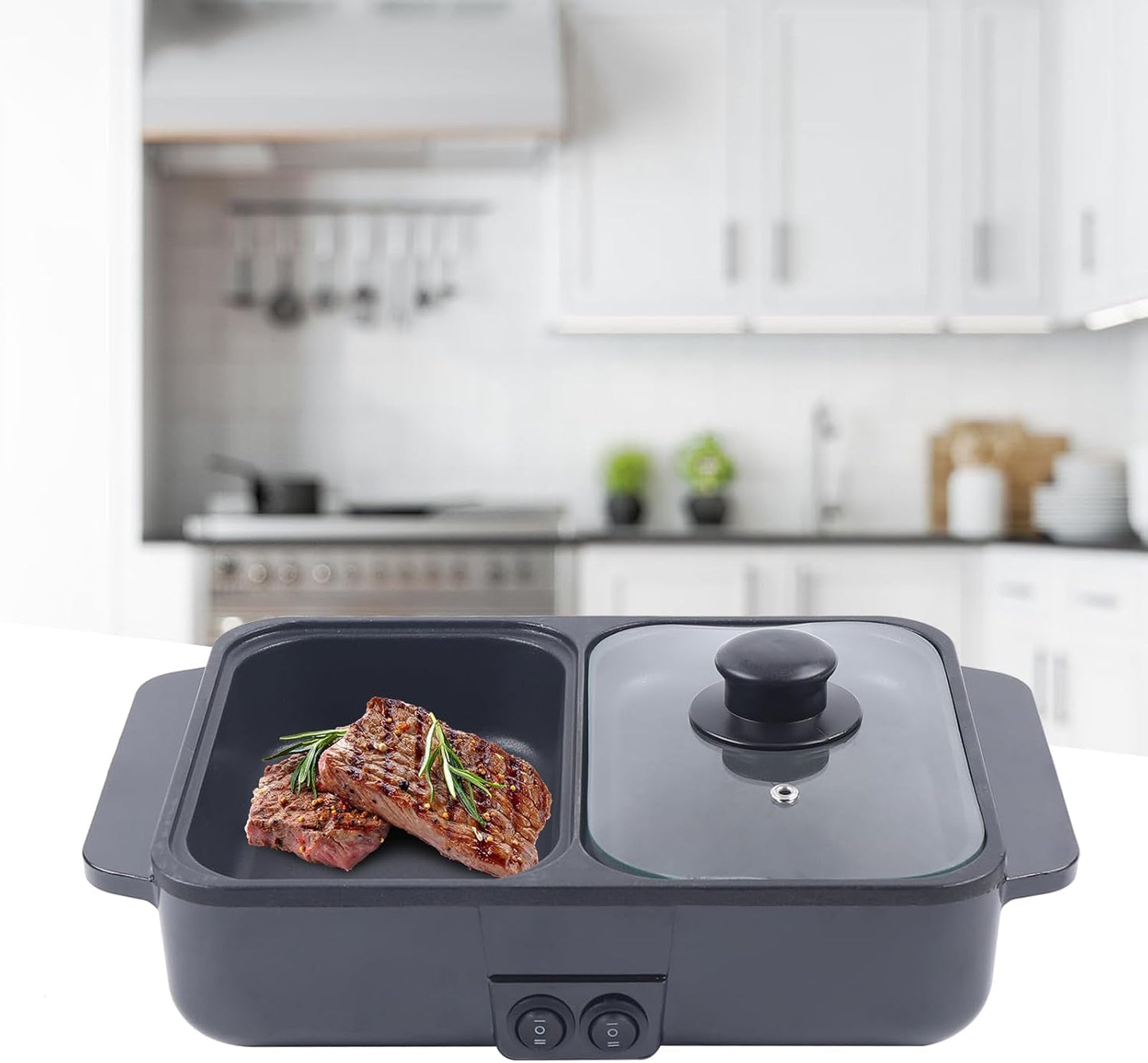 Hot Pot with Grill, Electric Hot Pot and Frying Pan, Shabu Shabu Pot with Grill, 2 in 1 Indoor NonStick Shabu Shabu Pot and Griddle, Dual Temperature Control, Fast Heating for BBQ Steak Noodles(Black)