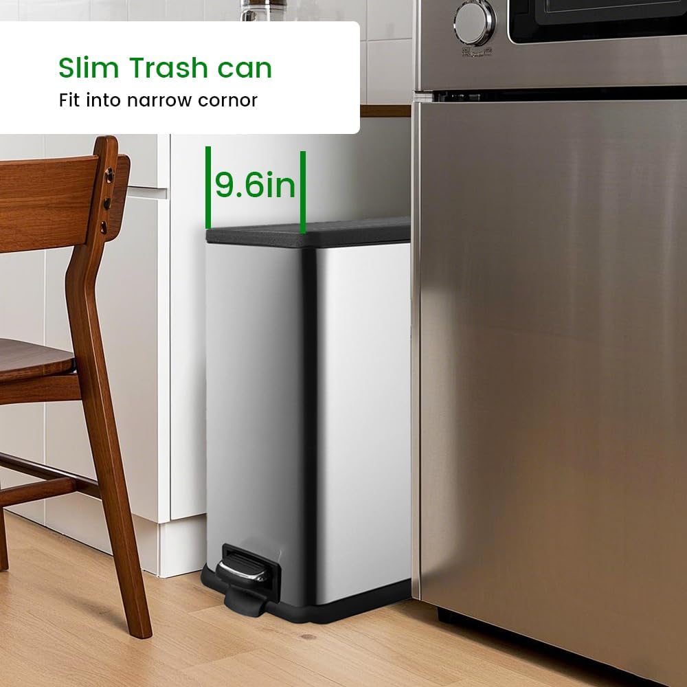 12 Gallon Trash Can with Lid,45L Kitchen Garbage Can,Stainless Steel Trash Can for Narrow Spaces with Soft-Close Lid, Inner Bucket, and Step-on Pedal