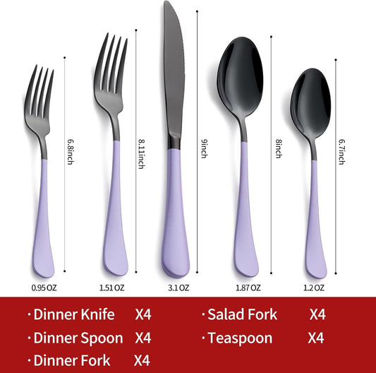 20-Pieces Purple and Black Silverware Sets for 4,Purple Handle Stainless Steel Cutlery Set, Include Forks Spoons and Knives Set, Dishwasher Safe Utensil Sets for Home Restaurant