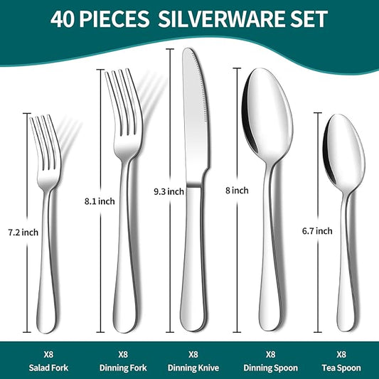 ENLOY 40 Piece Silverware Set for 8, Stainless Steel Flatware Set, Kitchen Utensil Set Cutlery Tableware for Home and Restaurant, Service for 8, Dinner Knives/Spoons/Forks, Dishwasher Safe