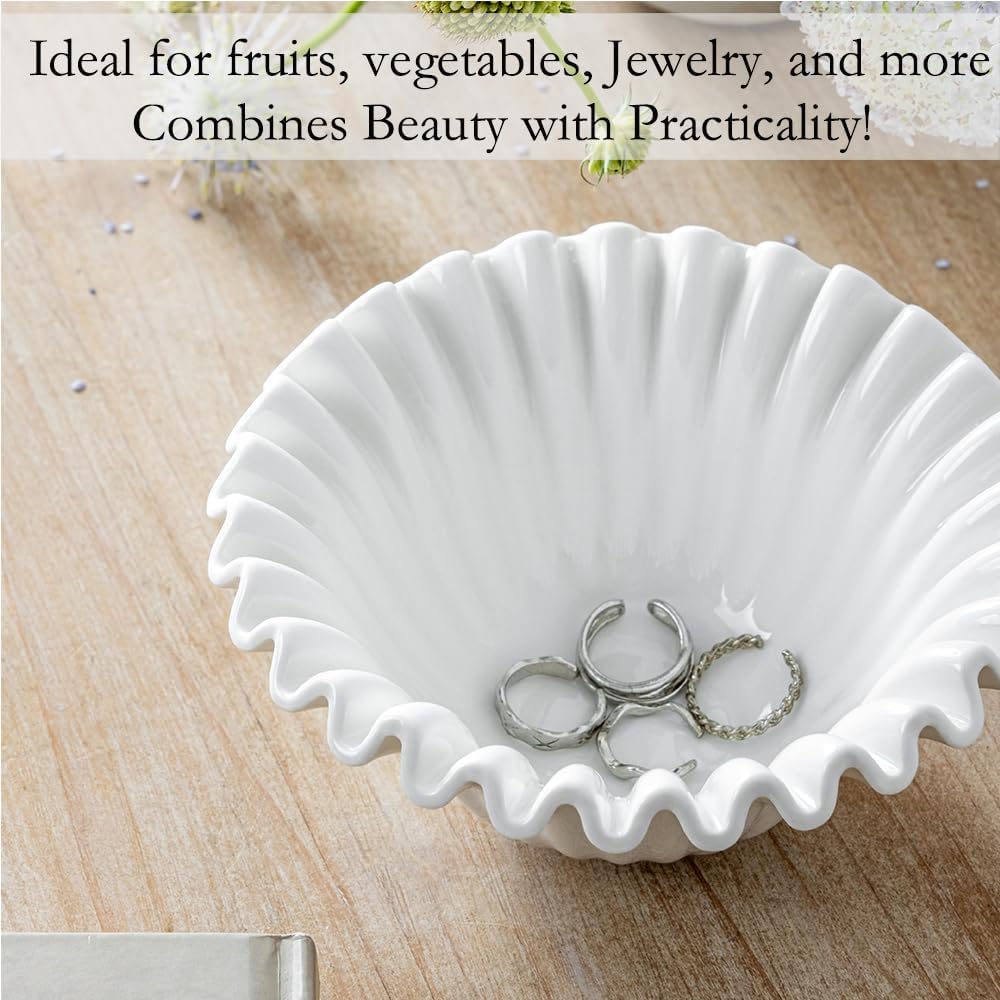Large Decorative Bowl, 10 inches Porcelain Fruit Bowl for Kitchen Counter HandCrafted Ruffle Bowl for Home Decor Stylish Flower Dish for Party, White