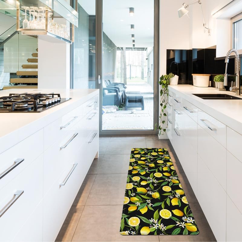 Lemon Kitchen Mats for Floor - Anti Fatigue Mats for Kitchen Floor, Cushioned Non-Skid Washable Memory Foam Rug for Office, Sink, Laundry (17.3"×47"×0.47") Black