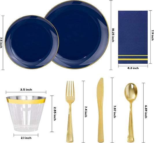NOCCUR 350PCS Navy Blue Plastic Plates - Blue Disposable Dinnerware Set for 50 Guests, 100 Dinner/Dessert Plates, 150 Gold Silverware, 50 Cups&50 Napkins for Party/Wedding/Hanukkah