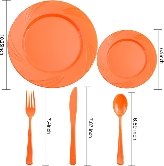 YOUBET 125Pieces Orange Plastic Plates - Orange Plate Disposable Include 50 Dinner & Dessert Plates 25 Forks 25 Knives 25 Spoons Perfect for Parties & Thanksgiving