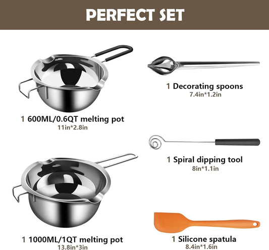 Artcome 5pcs Double Boiler Melting Pot Set - 600ML/0.6QT and 1000ML/1QT Chocolate Stainless Steel Melting Pot, Decorating Spoons, Silicone Spatula and Dipping Tool for Melting Chocolate, Candy, Soap