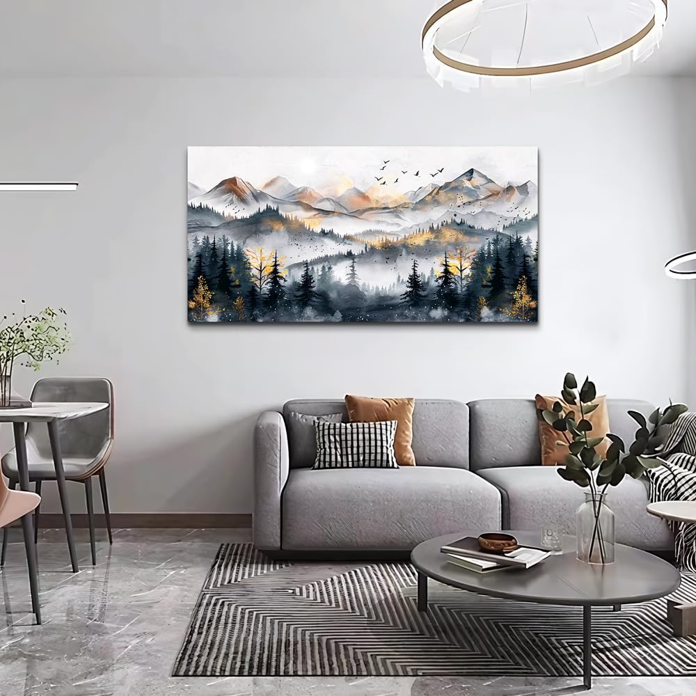 KELIYUAN Abstract Wall Decor For Bedroom Canvas Wall Art For Living Room Office Decoration Ink Mountain Landscapes Painting Misty Forest Wall Artwork Ready To Hang Room Home Decor 20"x40"