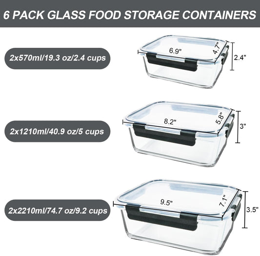 M MCIRCO 74.7oz(9.2 cup), 40.9oz(5 cup)& 19.3oz(2.4 cup) Extra Large Glass Food Storage Containers Set with Lids, 6 Pack Airtight Glass Storage Container for Microwave,Oven,Freezer Dishwasher