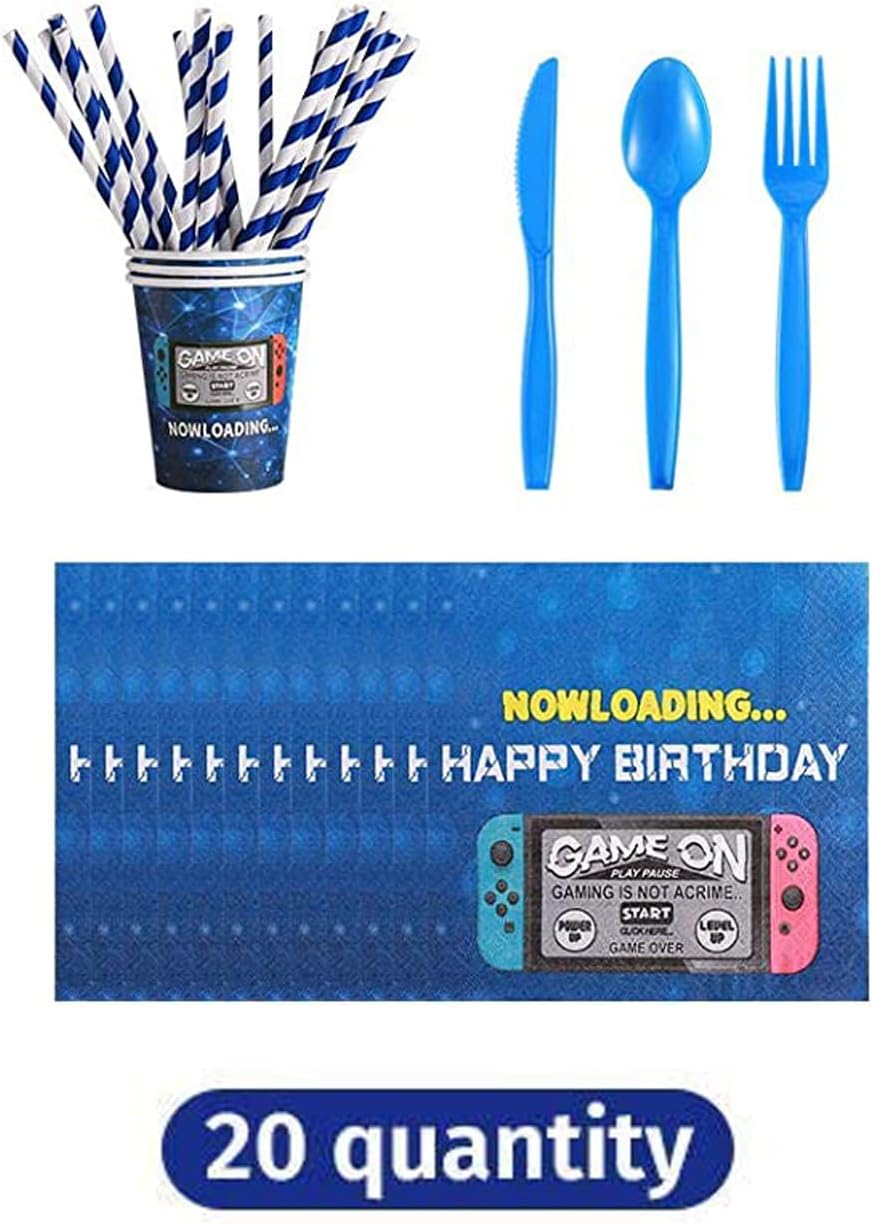 162CT Video Game Party SuppliesTableware Kit - Blue, Serves 20 Guests - Includes Happy Birthday Banner, Plates, Cups, Straws, Napkins, Utensils, Table Cover for Video Game Themed Birthday Parties