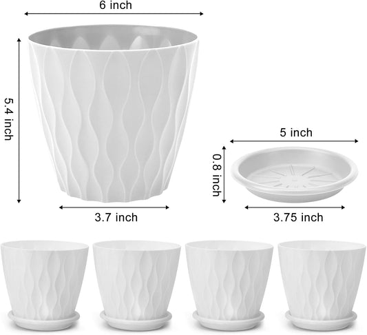 6 inch Plant Pots, 5 Pack Flower Pots Outdoor Indoor, Planters with Drainage Hole and Tray Saucer(White