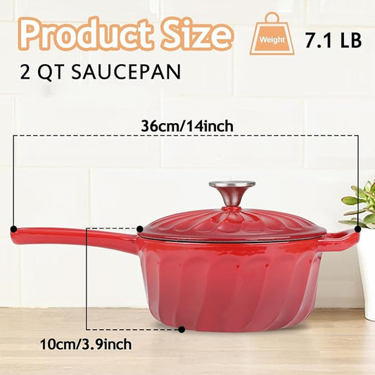 Enameled Cast Iron Sauce Pan, 2 Quart Enameled Saucepan with Lid, Mini Dutch Oven Enamel Saucepan for Cooking Pasta Sauce, Gravy, Puddings, Marinate, Boiling (Gradient Red)