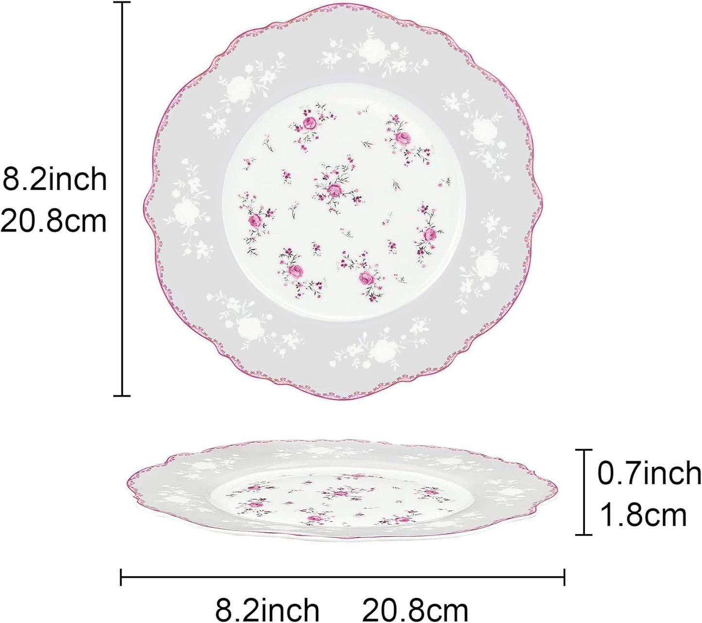 fanquare 8 Inch Porcelain Dessert Plates Set of 4, Lace Serving Bowls Set for Salad, Soup, Pasta, Snack, Pink Roses