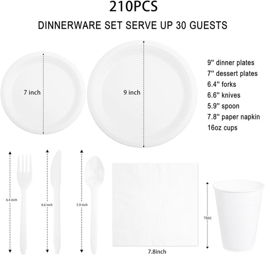 WELLIFE 210 Pieces White Party Supplies, White Plastic Dinnerware Set, Including Plates, 16OZ Cups, Plastic Cutlery and Paper Napkins Serve 30 Guests for Party