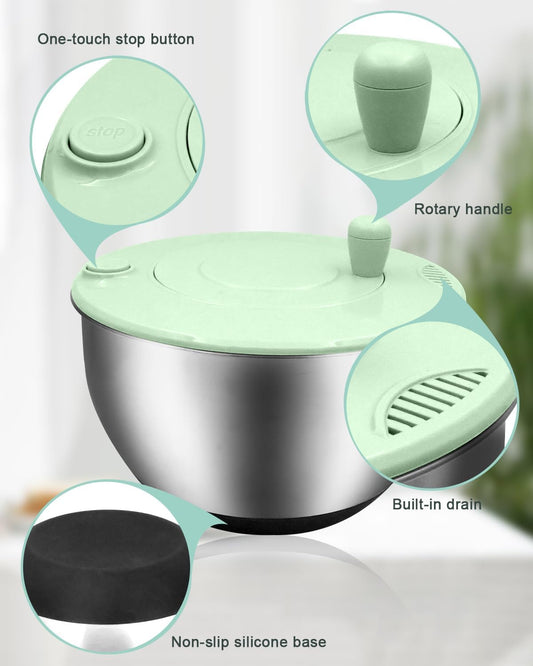 5.3QT Salad Spinner Large,Stainless Steel Lettuce Spinner,Fruit Vegetables Wash Bowl with 5 Blade Slicer,Egg Yolk Strainer Slicer Shredder,Kitchen Colander for Salad Make and Food Washing