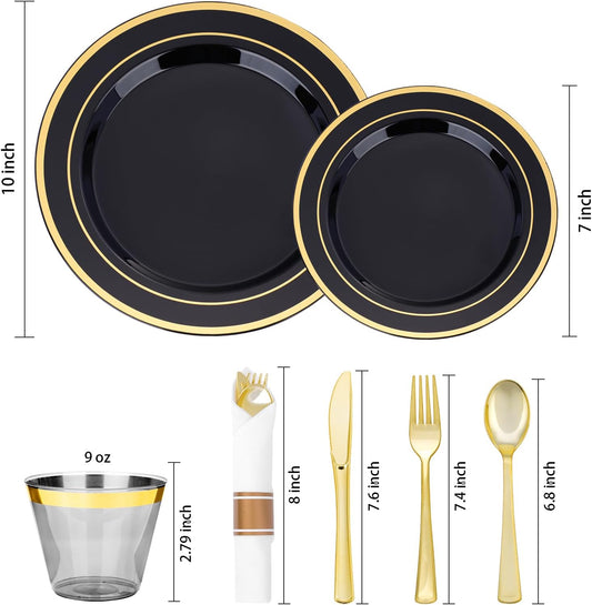 350 PCS Black Plastic Dinnerware Set for 50 Guests, 100 Disposable Plates for Party, 50 Pre Rolled Napkins with Gold Silverware, 50 Cups for Graduation