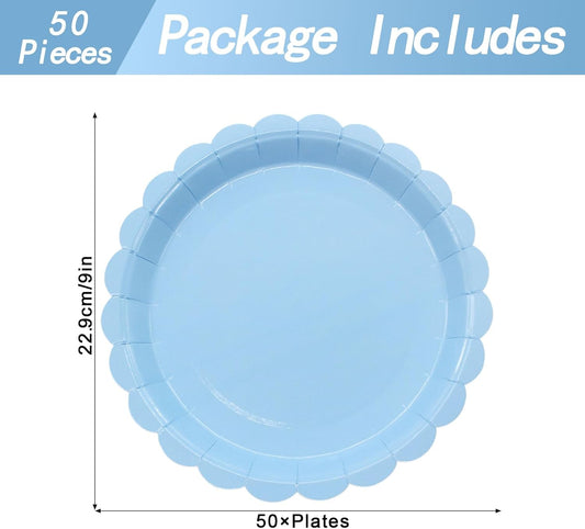 50Pcs Light Blue Paper Plates Blue Party Supplies 9 Inch Disposable Dessert Plates Birthday Party Plates for Valentines Tea Party Baby Shower Wedding Graduation Picnic BBQ