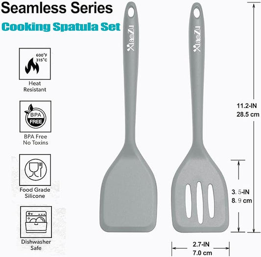 Silicone Spatula Turner Set, High Heat Resistant Spatulas with Seamless One Piece Design, Nonstick Rubber Flippers Utensils for Baking & Cooking,BPA-Free, 2 pack,Black (Grey)