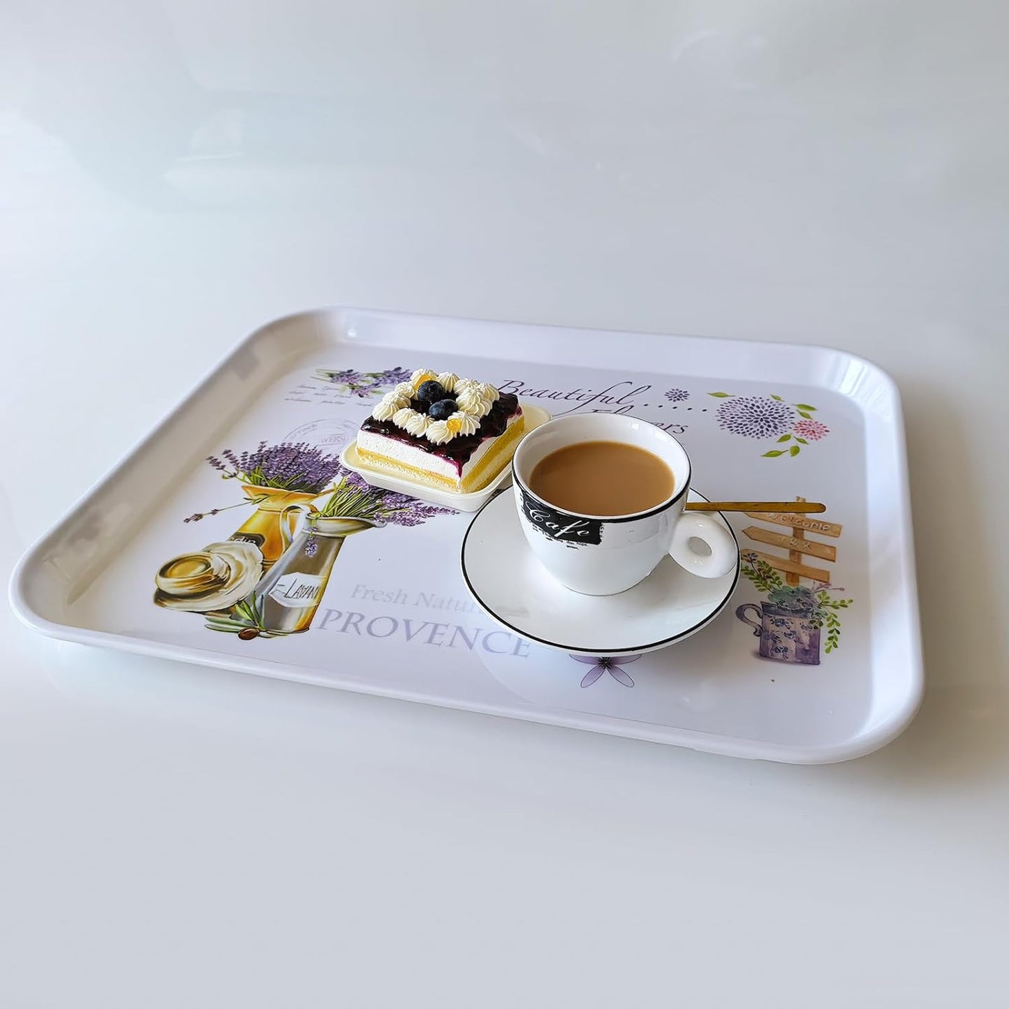 Large Serving Platter Melamine Trays 2 Pack Stackable Food Tray with Floral Print for Gift, Party, Decor, Home, Restaurant (Purple Lavender, Large)