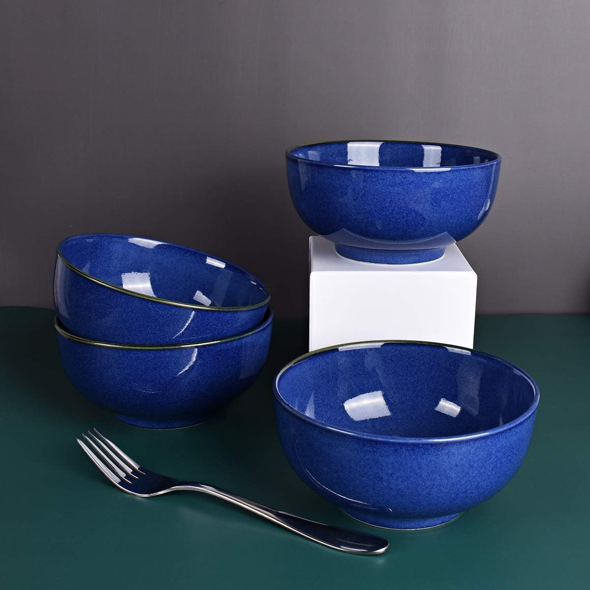 Bosmarlin Ceramic Soup Bowl Set of 4, 24 Oz, Cereal Bowl for Oatmeal, Dishwasher and Microwave Safe (5.75 Inches, Royal blue)