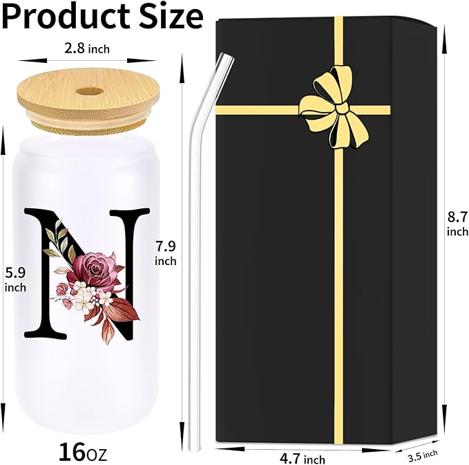 Monogrammed Glass Drinking Cup With Lid Straw Women Wife Gifts Anniversary Her 1 2 3 5 6 7 8 10 14 20 25 40 50 Year Cotton Copper Ivory Bronze Leather Iron Paper First 5th 6th 10th 25th 40th 50th 60,N