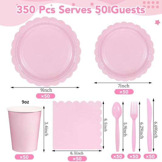350 Pcs Pink Paper Plates and Napkins, Light Pink Party Supplies Include Scalloped Plates Napkins Cups Plastic Spoons Forks Knives for Baby Bridal Shower, Wedding, Birthday