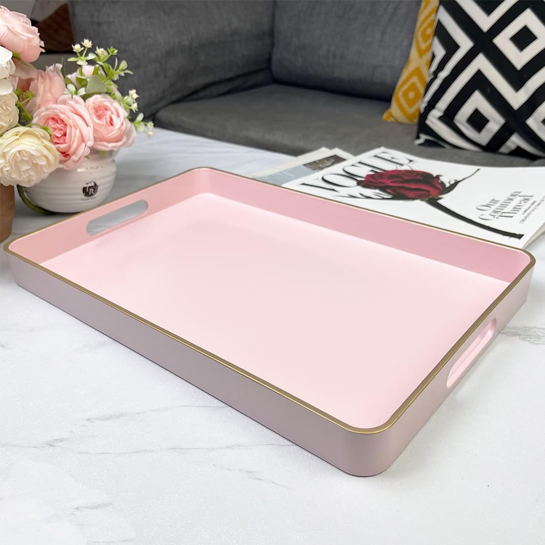 Pink Coffee Table Tray, Decorative Serving Tray with Handles, Plastic Rectangular Tray for Ottoman, Bathroom, Living Room. 15.7"*10.2"