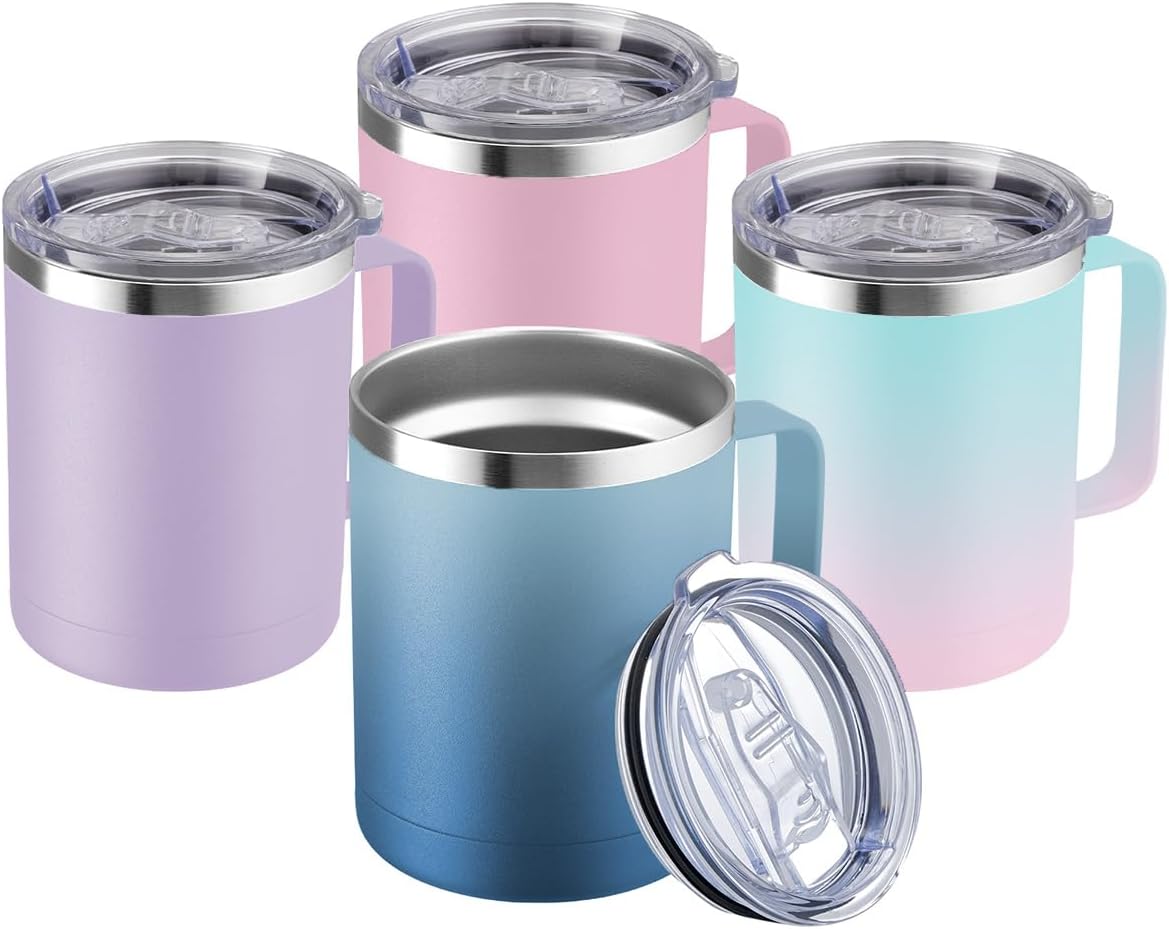 MEWAY 12oz Coffee Mug With Handle 2 Pack Bulk,Stainless Steel Insulated Travel Tumblers With Sliding Lid,Double Wall Vacuum Camping Cup for Hot & Cold Drinks Tea (Bubble Gum&Blue Waves,Set of 4)