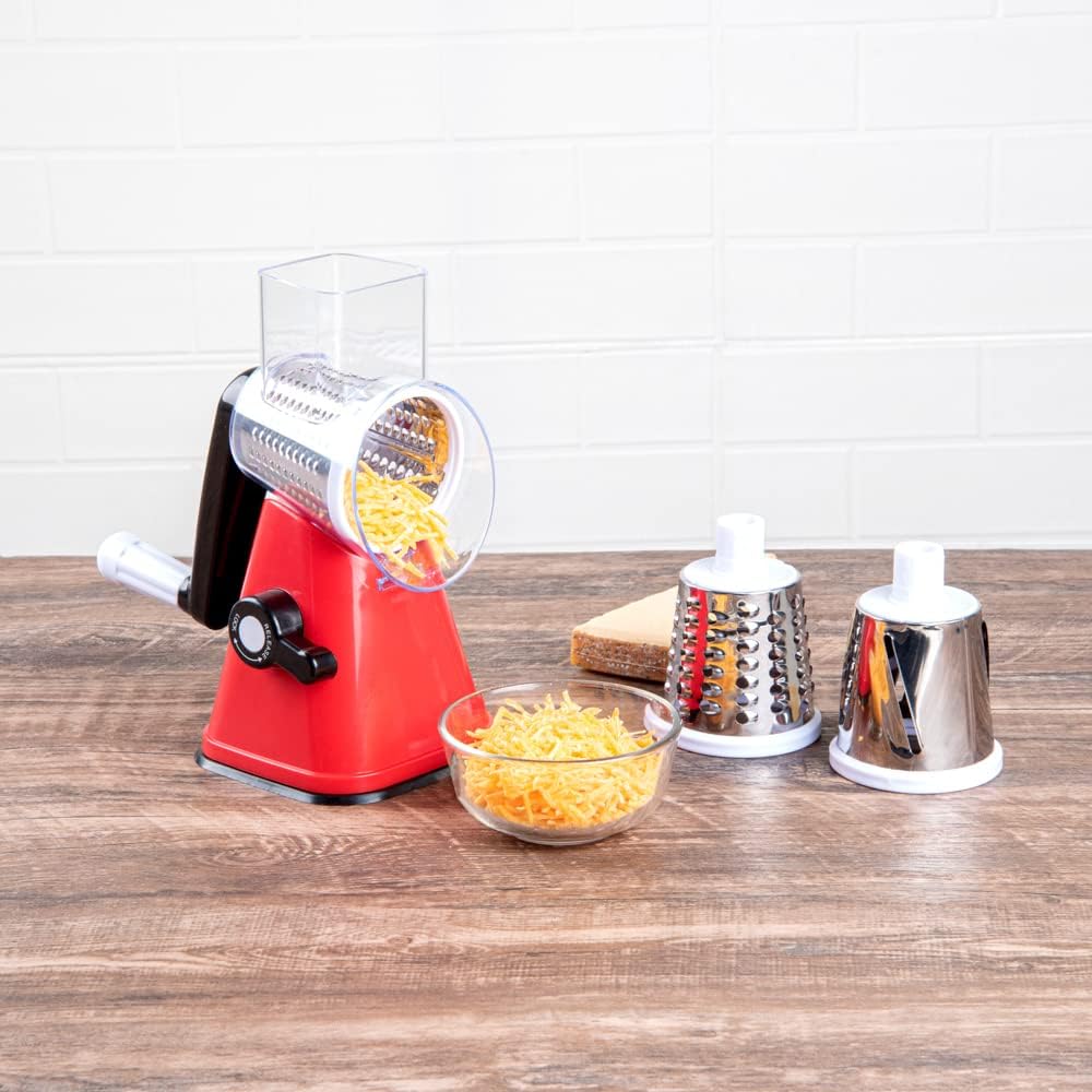 Restaurantware Met Lux 11 x 7 x 6 Inch Cheese Grater With Handle 1 Heavy-Duty Rotating Cheese Grater - Dishwashable Red Plastic Food Shredder Suction Feet For Vegetables Nuts & More