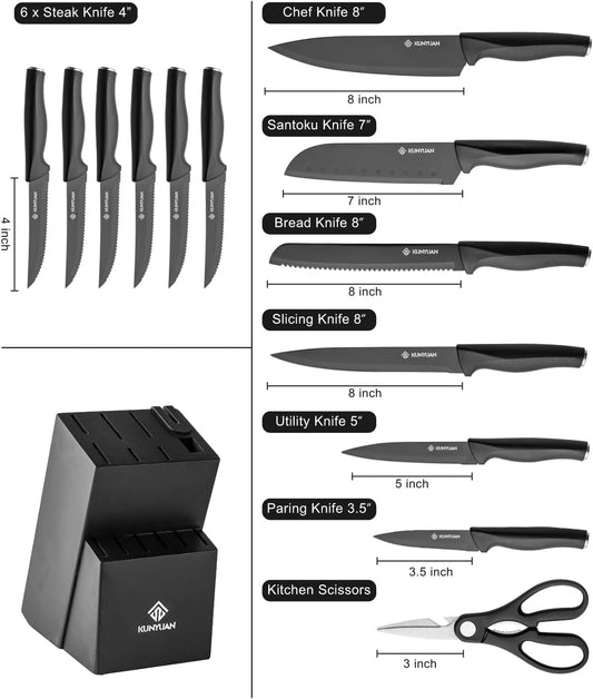KUNYUAN Kitchen Knife Set, 15-Piece Knife Set with Self-Sharpening Block, Ergonomic Design, 6 Steak Knives, Anti-Slip Handle, Black