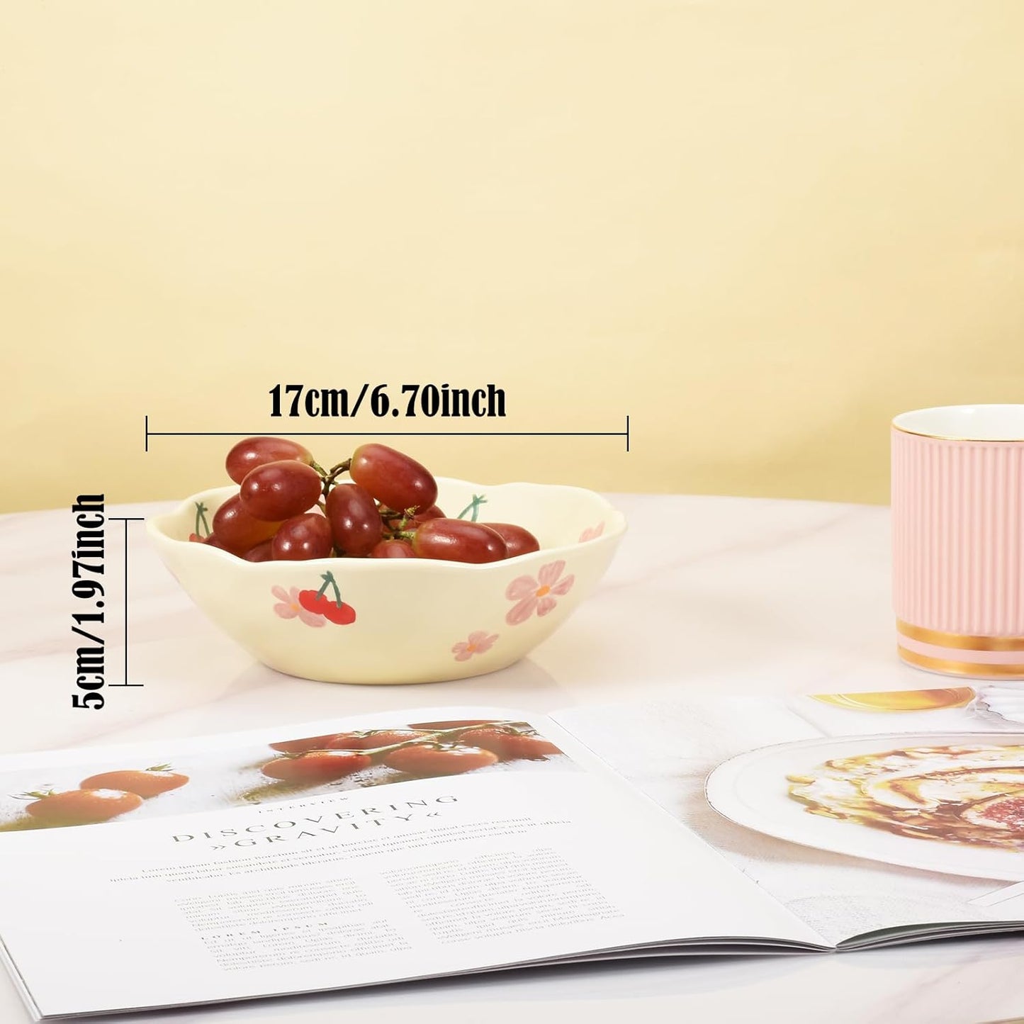 Koythin Salad Bowls Set of 2, Cute Cherry Flower Ceramic Bowls, Cream Yellow Serving Bowl for Pasta, Cereal, Fruit, Soup, Rice, Dishwasher and Microwave Safe (Cherry Set of 2)