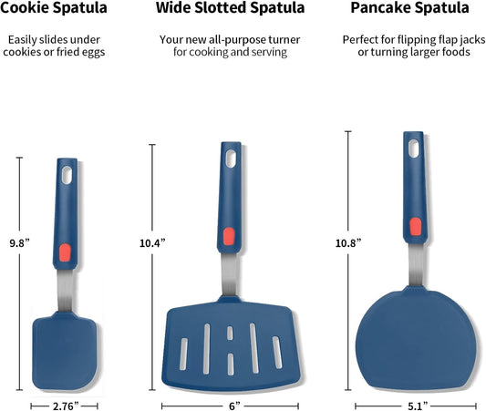 Silicone Spatula Turner Set of 3, Heat Resistant Large Wide Spatula for Pancake, Silicone Fish Spatulas Flipper for Cooking & Non-stick Cookware, BPA Free Rubber Cooking Untensil Set