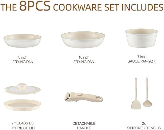 8Pcs Pots and Pans Set Nonstick Ceramic Cookware Set Removable Handle Induction Kitchen Cooking Set with Frying Pans and Sauce Pan, Cream White