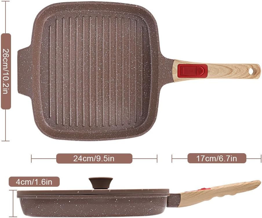 Nonstick Griddle Pan with Lid 10 Inch, Ceramic Coating, Detachable Handle, PFOA Free, Brown