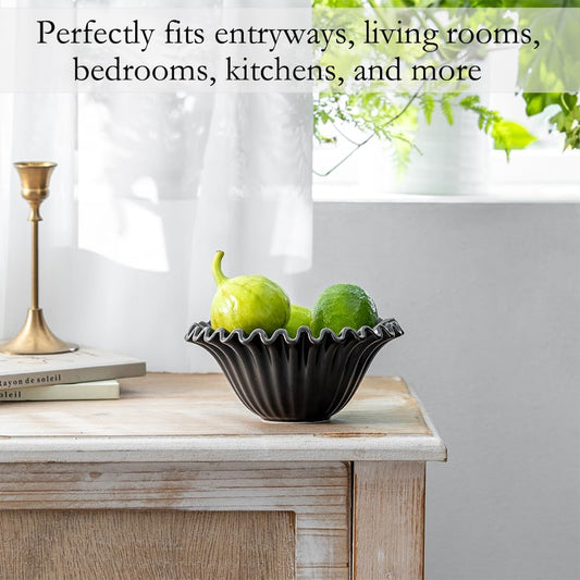 Decorative Bowl, HandCrafted Ruffle Flower Bowl Porcelain Vintage Ring Dish Floral Bowl for Home Decor Ruffle Centerpiece Bowl, Black (5.5 inch) Halloween