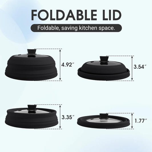 Microwave Splatter Cover for Food Collapsible Glass Microwave Cover Silicone Splatter Guard Dishwasher Safe Splatter Lid for Plates, Bowls, Pots & Stovetop Cooking 10.8" Black