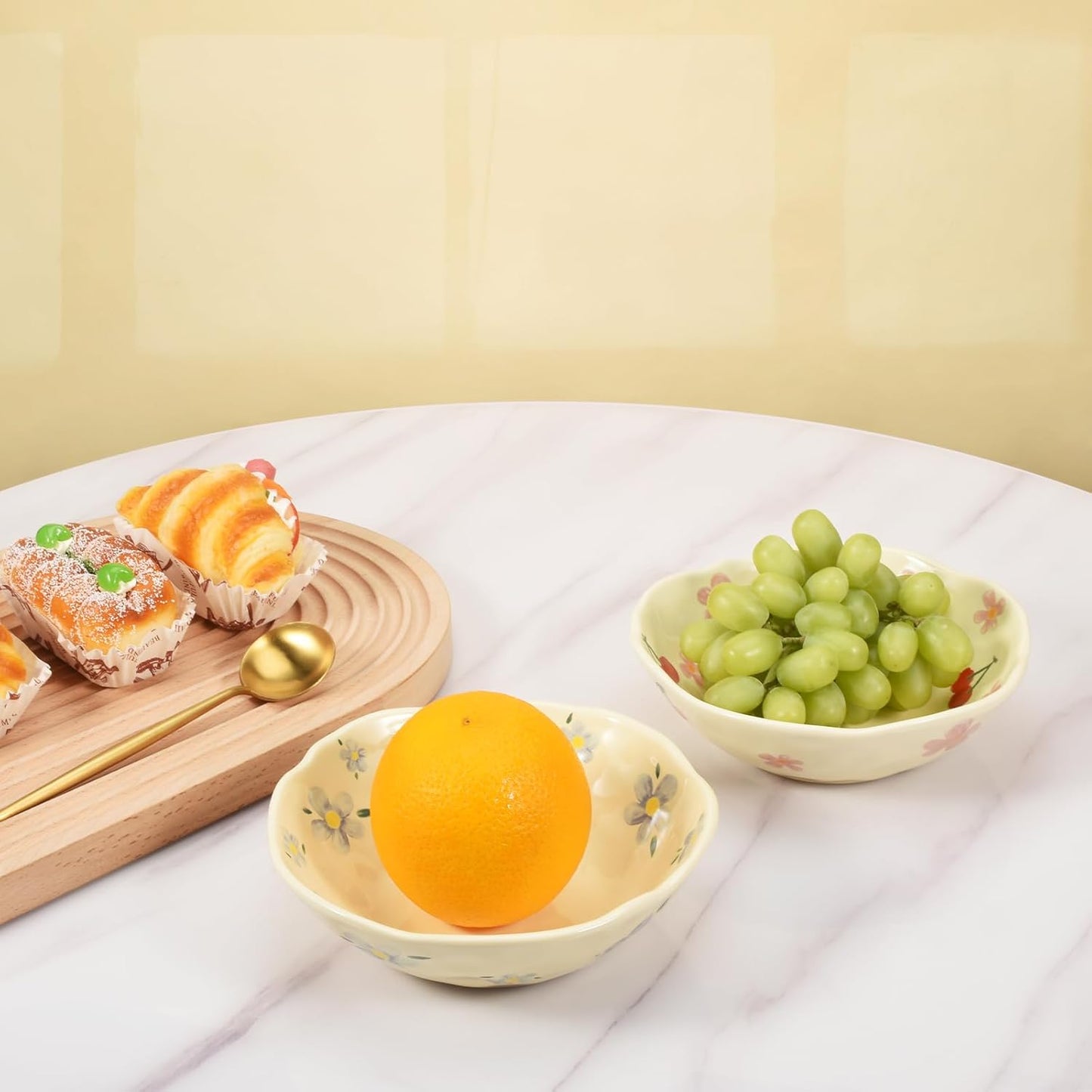 Koythin Salad Bowls, Cute Cherry Flower Ceramic Bowls, Cream Yellow Serving Bowl for Pasta, Cereal, Fruit, Soup, Rice, Dishwasher and Microwave Safe (Cherry Set of 1)