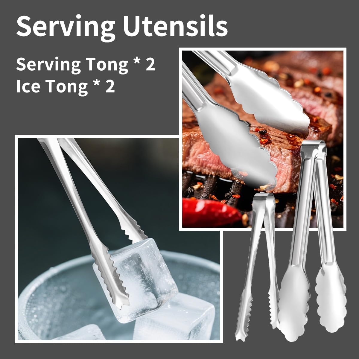 12 Piece Serving Utensils Set, Amafox Stainless Steel Kitchen Utensils Include Spoons, Slotted Spoons, Appetizer Tongs, Ice Tongs, Mirror Polished Utensils Set for Party, Dishwasher Safe (Silver)