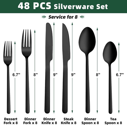 48 Pcs Black Silverware Set with Steak Knives, Food-Grade Stainless Steel Flatware Cutlery Set for 8, Mirror Polished Tableware Eating Utensils Set for Kitchen, Knife Fork Spoon Set, Dishwasher Safe