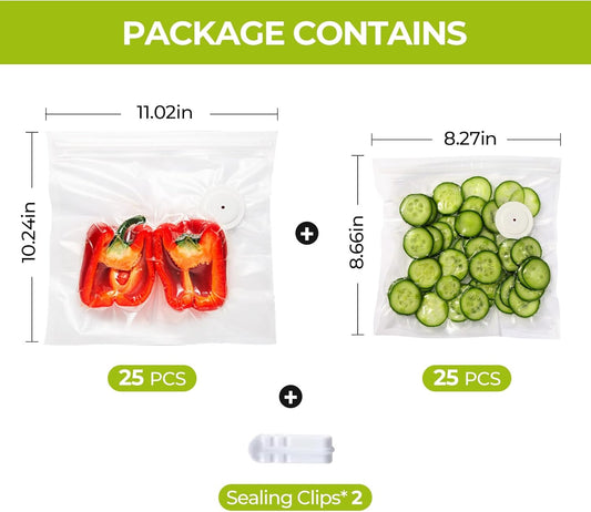Reusable Vacuum Sealer Bags for Food with Air Valve, 50 Pack BPA‑Free Food Saver Bags Dishwasher‑Safe, Freezer,Microwave, Odor-Resistant, Leak‑proof for Leftovers, Meal Prep, Sous Vide, BBQ