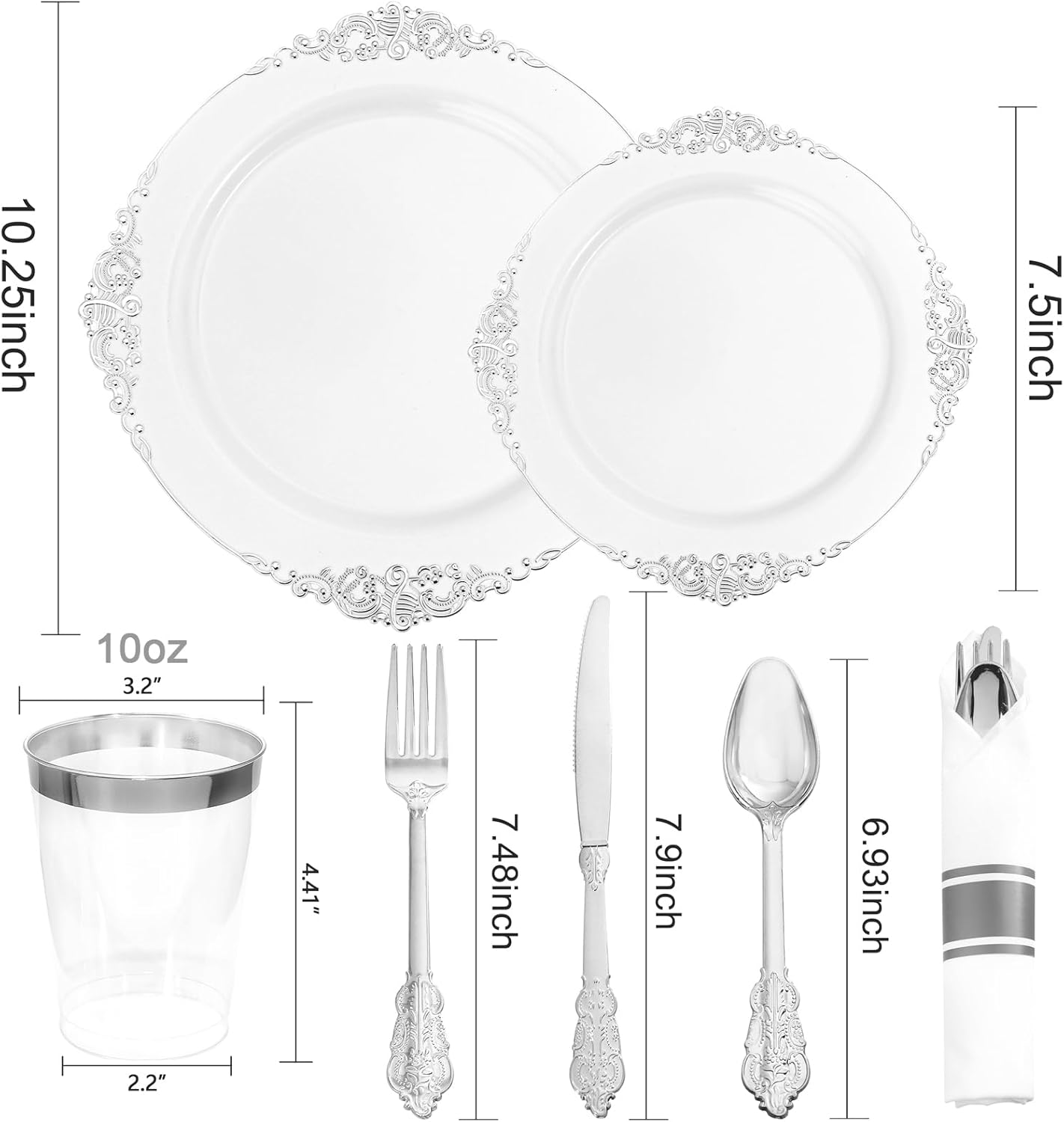 Hioasis 210pcs White and Silver Plastic Plates - Disposable Dinnerware Set Suitable for 30 Guests Include 10.25 Dinner & 7.5 Dessert Plates, Pre Rolled Silverware Set, Cups for Party & Thanksgiving