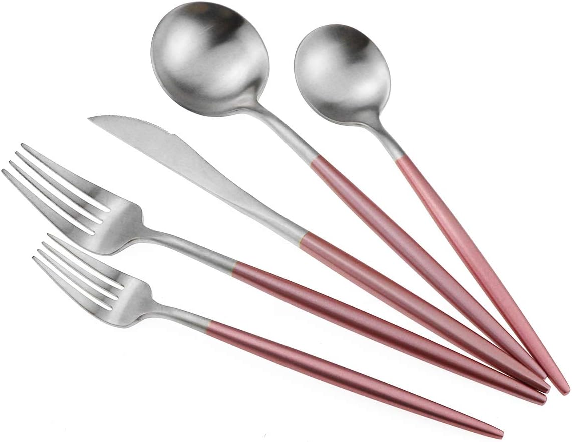 Gugrida Luxury Flatware, Royal 20 Piece Matte Pink Handle 18/10 Stainless Steel Tableware Sets for 4 Including Forks Spoons Knives, Camping Silverware Travel Utensils Set Cutlery (Pink Silver)