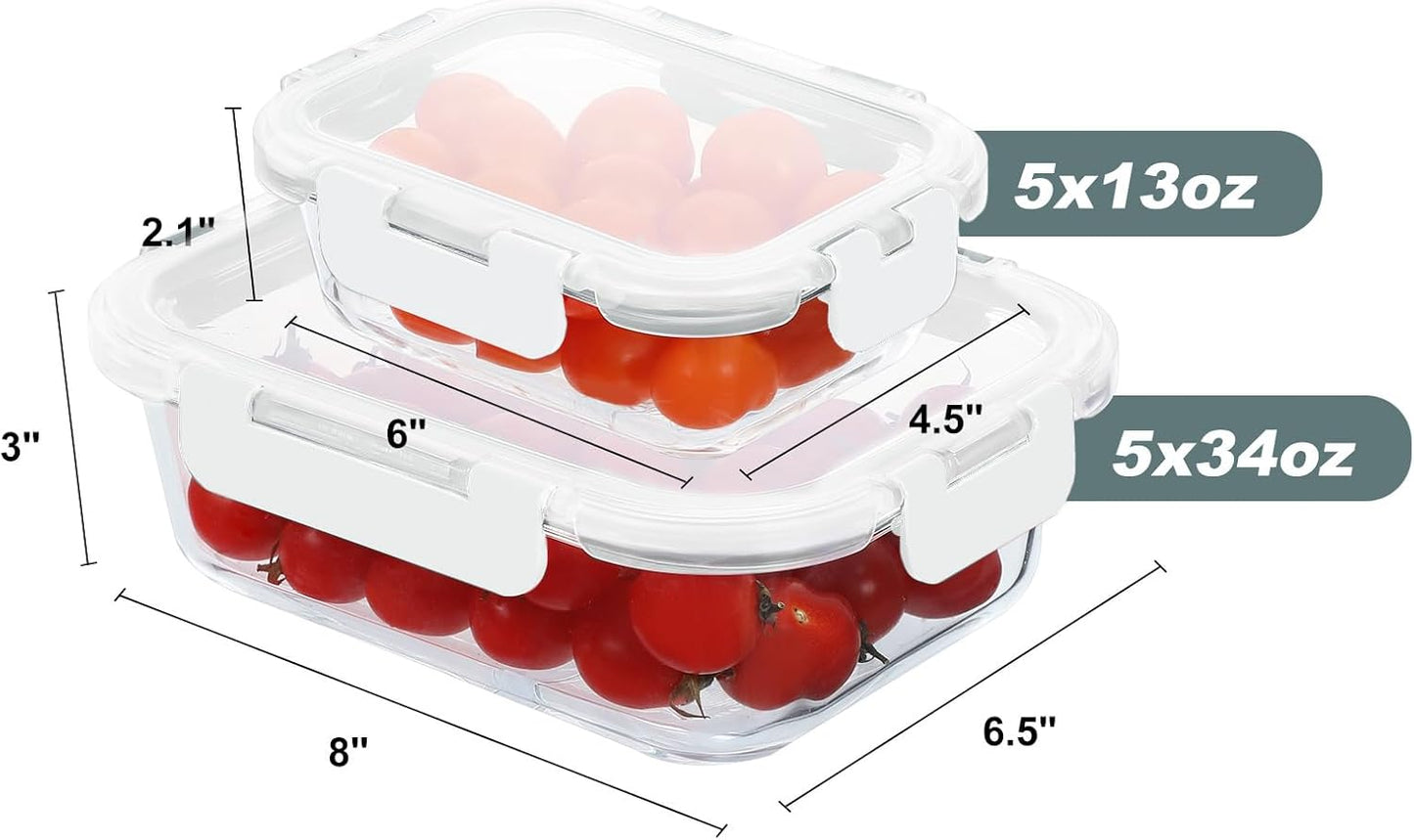 KOMUEE 10 Pack Glass Food Storage Containers, Meal Prep Containers with Lids, Airtight Glass Lunch Boxes, Freezer, Oven, and Microwave Safe, White